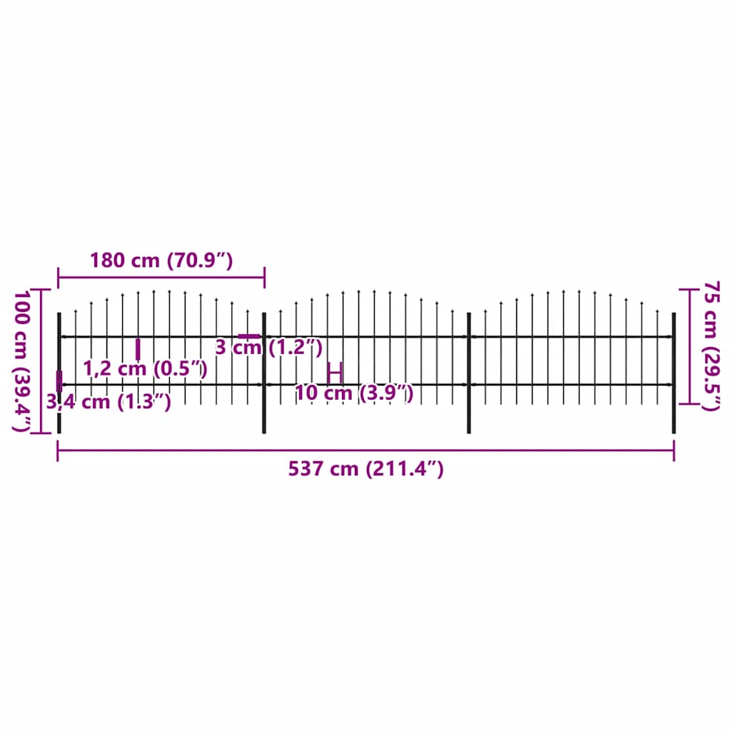 vidaXL Φράχτης Κήπου με Κορυφή Δόρυ Μαύρος Ατσάλινος 537 x 100 εκ.