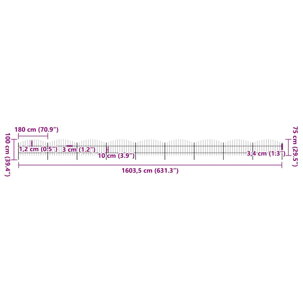 vidaXL Φράχτης Κήπου με Κορυφή Δόρυ από Ατσάλι 1603,5 x 100 εκ. Μαύρος