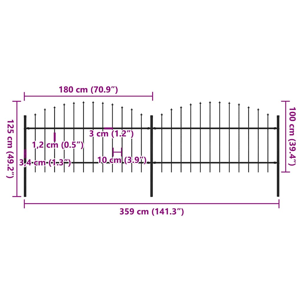vidaXL Φράχτης Κήπου με Κορυφή Δόρυ Μαύρος Ατσάλινος 359 x 125 εκ.