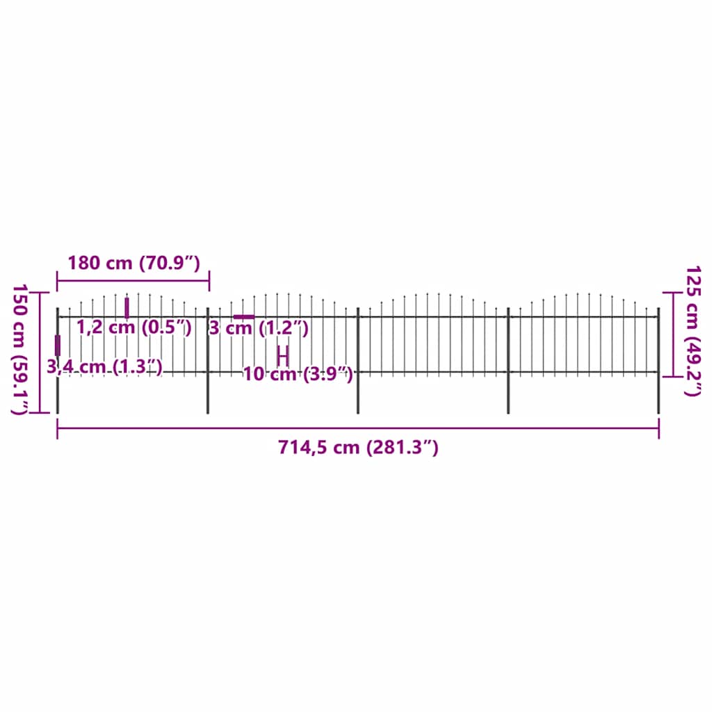 vidaXL Φράχτης Κήπου με Κορυφή Δόρυ Μαύρος Ατσάλινος 714,5 x 150 εκ.