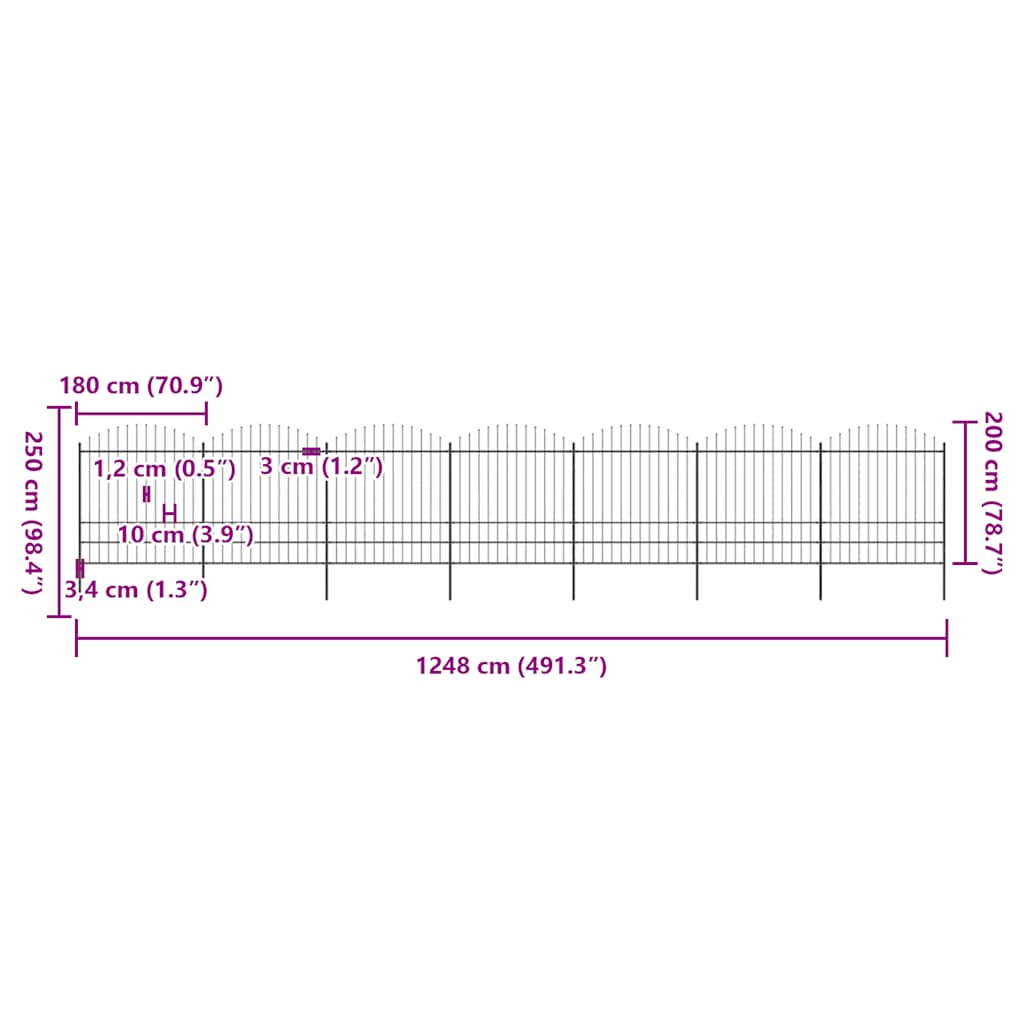 vidaXL Φράχτης Κήπου με Κορυφή Δόρυ Μαύρος Ατσάλινος 1248 x 200 εκ.