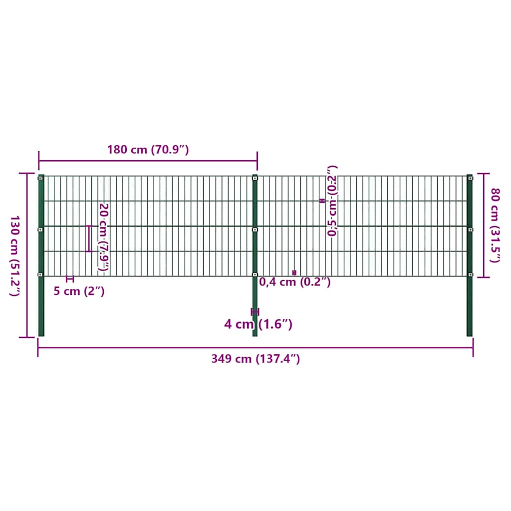 vidaXL Πάνελ Περίφραξης με Στύλους Σιδερένιο Πράσινο 349 x 80 εκ.