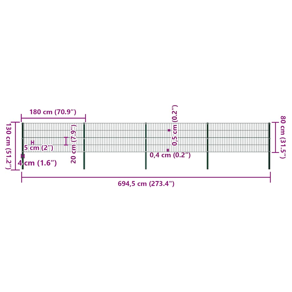 vidaXL Πάνελ Περίφραξης με Στύλους Σιδερένιο Πράσινο 694,5 x 80 εκ.