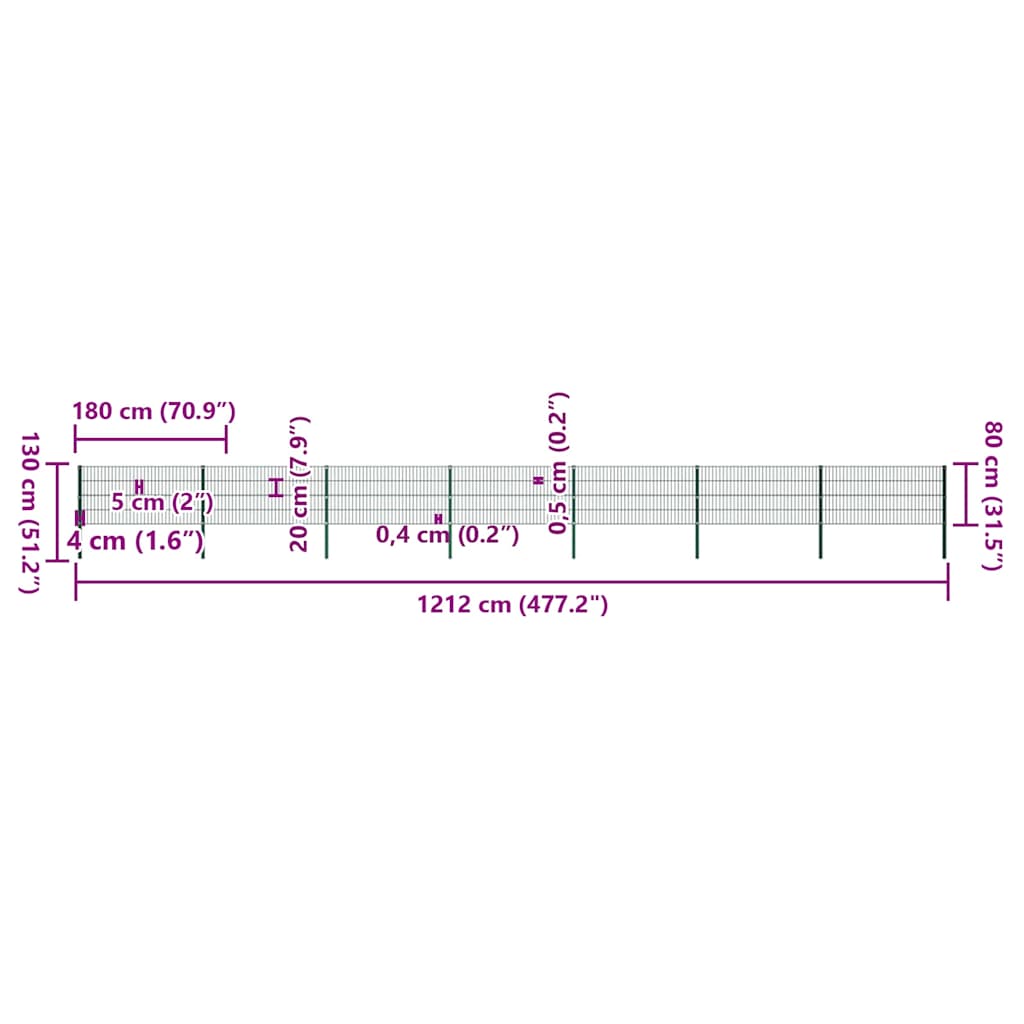 vidaXL Πάνελ Περίφραξης με Στύλους Σιδερένιο Πράσινο 1212 x 80 εκ.