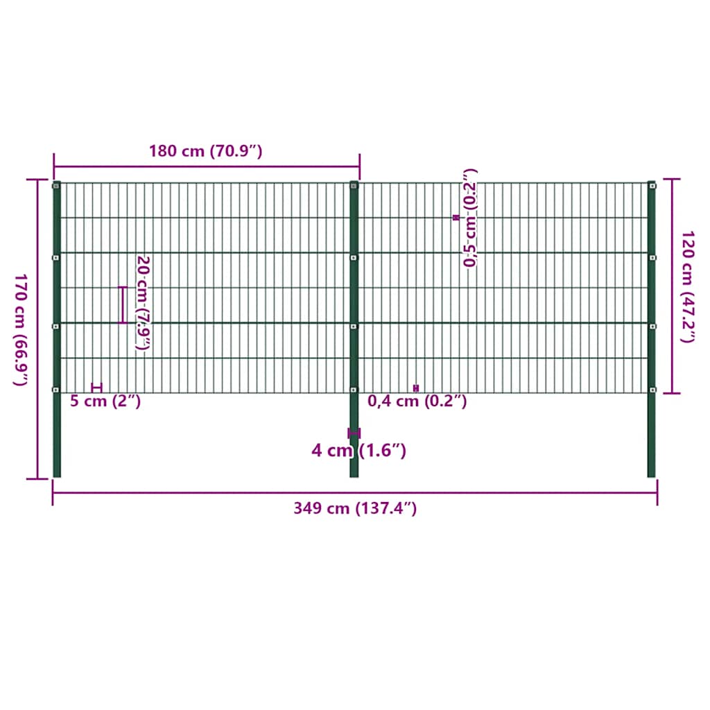 vidaXL Πάνελ Περίφραξης με Στύλους Σιδερένιο Πράσινο 349 x 120 εκ.