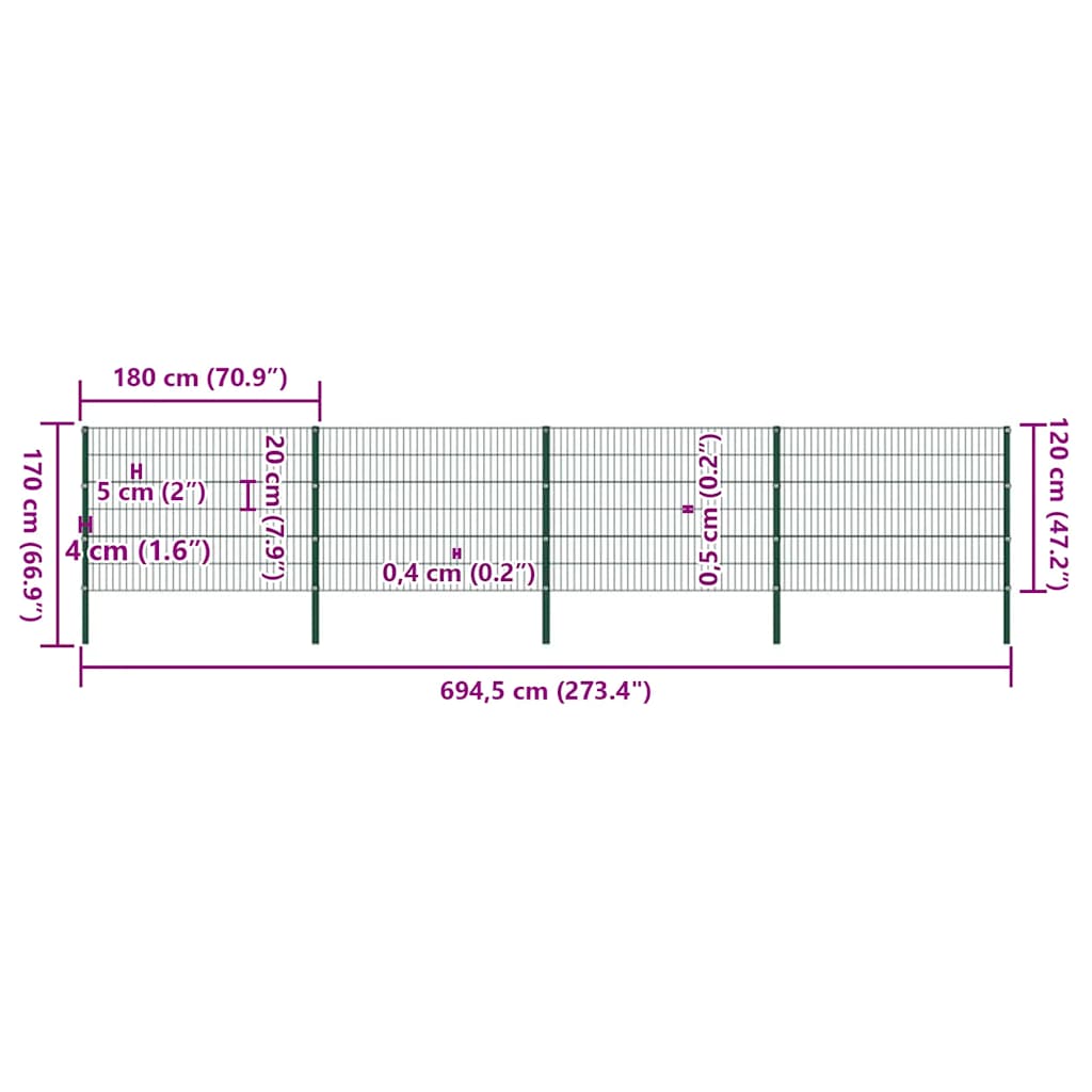 vidaXL Πάνελ Περίφραξης με Στύλους Σιδερένιο Πράσινο 694,5 x 120 εκ.