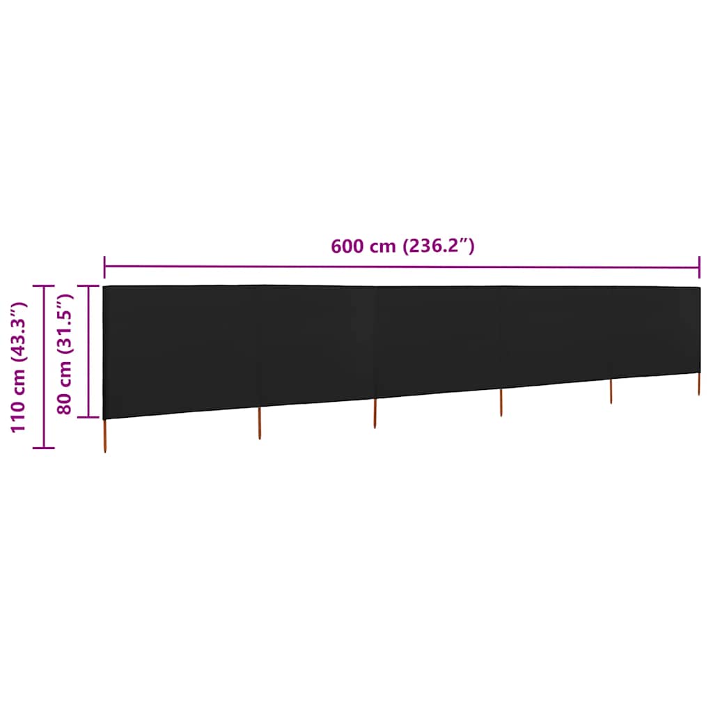 vidaXL Προστατευτικό Αέρα με 5 Πάνελ Μαύρο 600 x 80 εκ. Υφασμάτινο