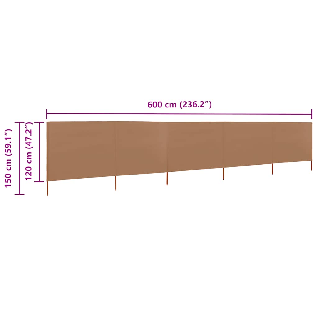 vidaXL Προστατευτικό Αέρα με 5 Πάνελ Taupe 600 x 120 εκ. Υφασμάτινο