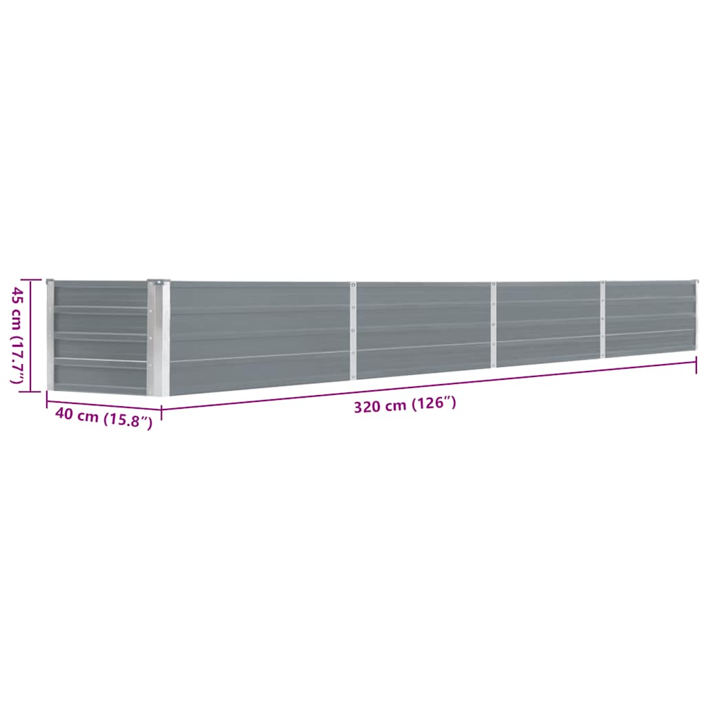 vidaXL Ζαρντινιέρα Υπερυψωμένη Γκρι 320x40x45 εκ. Γαλβανισμ. Χάλυβας