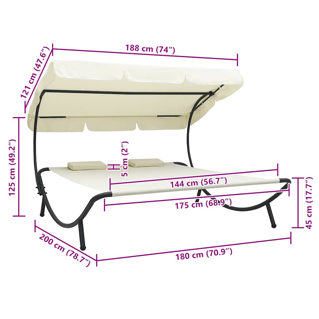 vidaXL Ξαπλώστρα - Κρεβάτι Διπλή Λευκό Κρεμ με Σκίαστρο και Μαξιλάρια