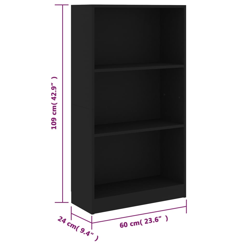 vidaXL Βιβλιοθήκη με 3 Ράφια Μαύρη 60x24x109 εκ. Επεξεργασμένο Ξύλο