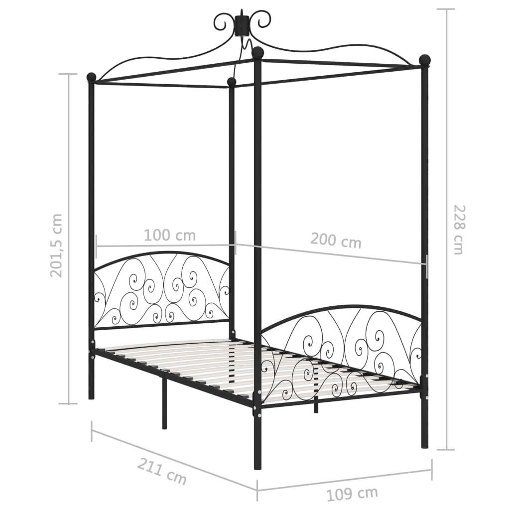vidaXL Πλαίσιο Κρεβατιού με Ουρανό Μαύρο 100 x 200 εκ. Μεταλλικό