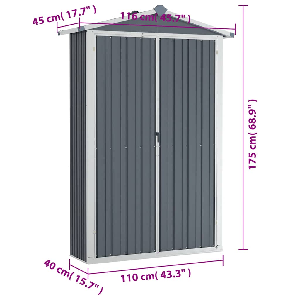 vidaXL Αποθήκη Κήπου Γκρι 116x45x175 εκ. από Γαλβανισμένο Ατσάλι