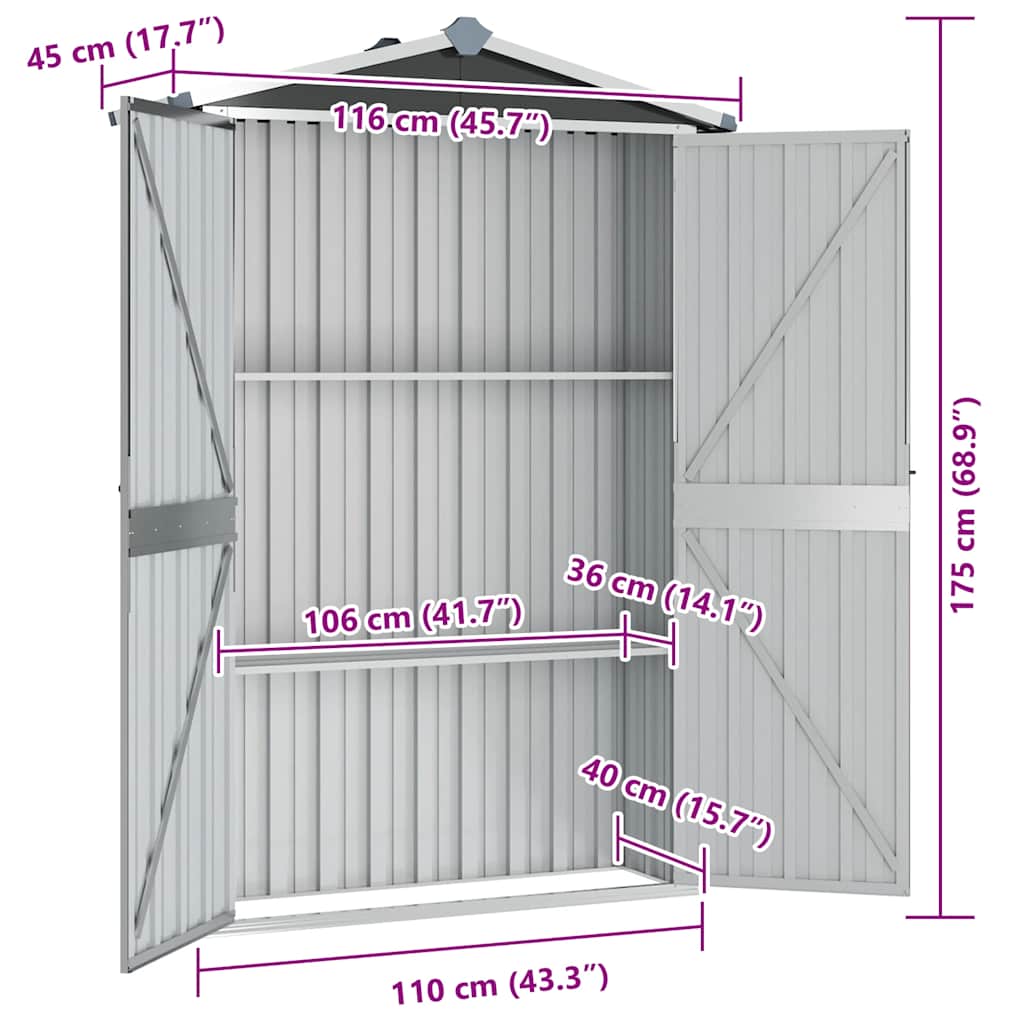 vidaXL Αποθήκη Κήπου Ανθρακί 116x45x175 εκ. από Γαλβανισμένο Ατσάλι