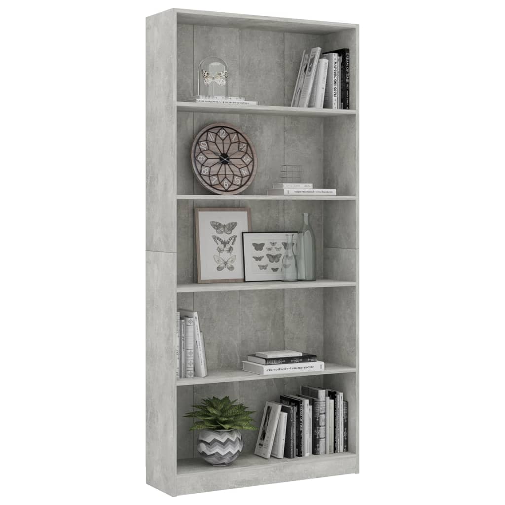 vidaXL Βιβλιοθήκη 5 Ράφια Γκρι Σκυροδέματος 80x24x175 εκ. Επεξ. Ξύλο