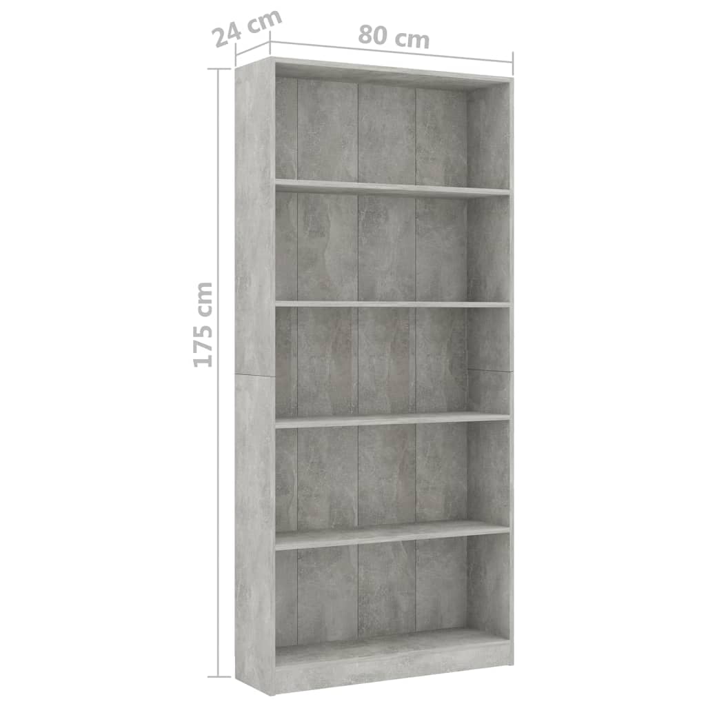 vidaXL Βιβλιοθήκη 5 Ράφια Γκρι Σκυροδέματος 80x24x175 εκ. Επεξ. Ξύλο