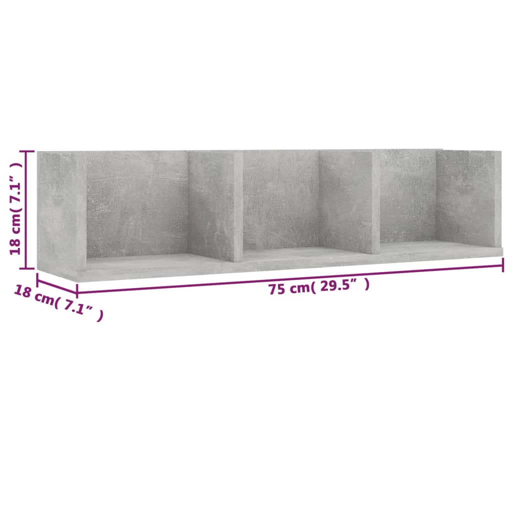 vidaXL Ράφι Τοίχου για CD Γκρι Σκυροδέματος 75x18x18εκ. από Επεξ. Ξύλο
