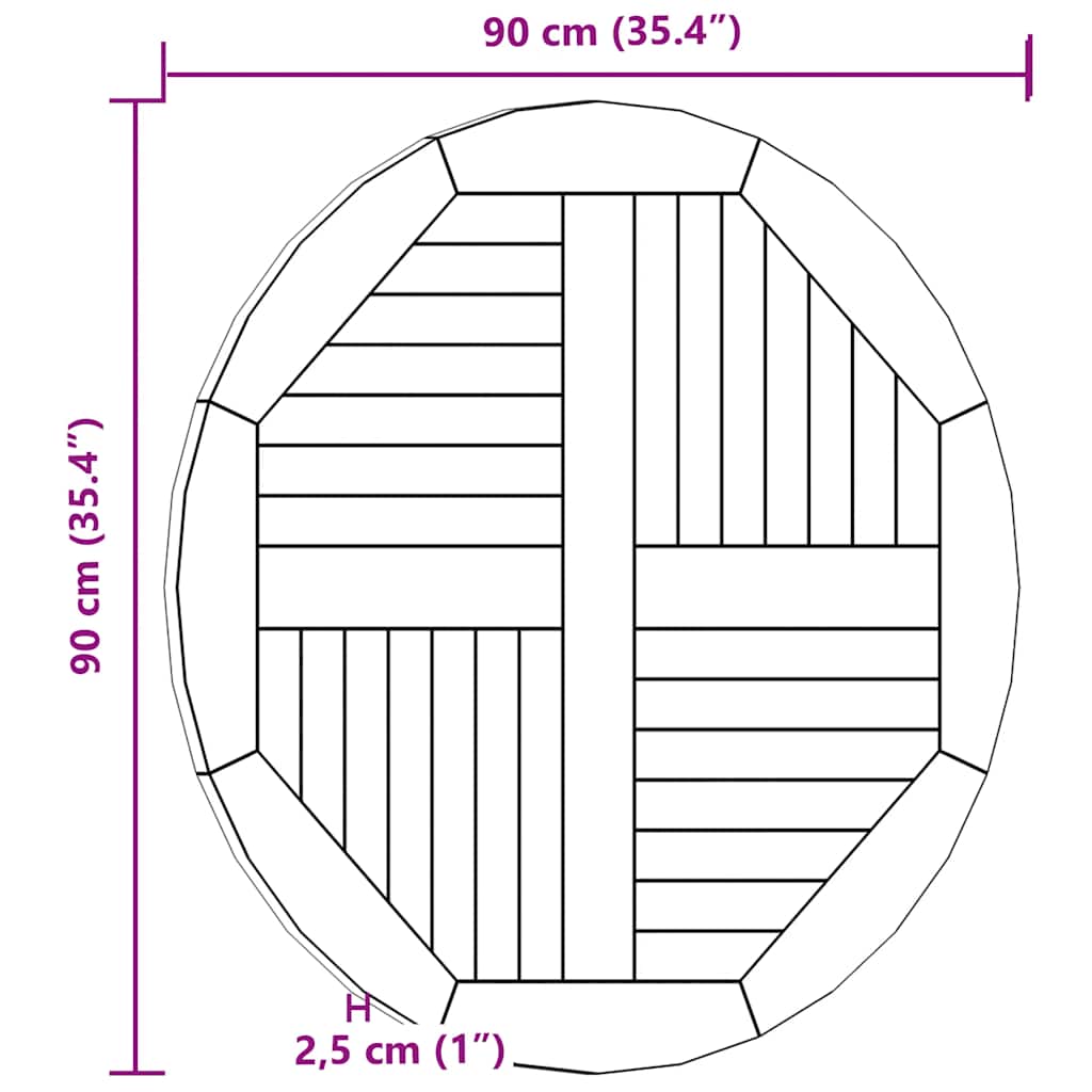 vidaXL Επιφάνεια Τραπεζιού Στρογγυλή 2,5 εκ. 90 εκ. Μασίφ Ξύλο Teak