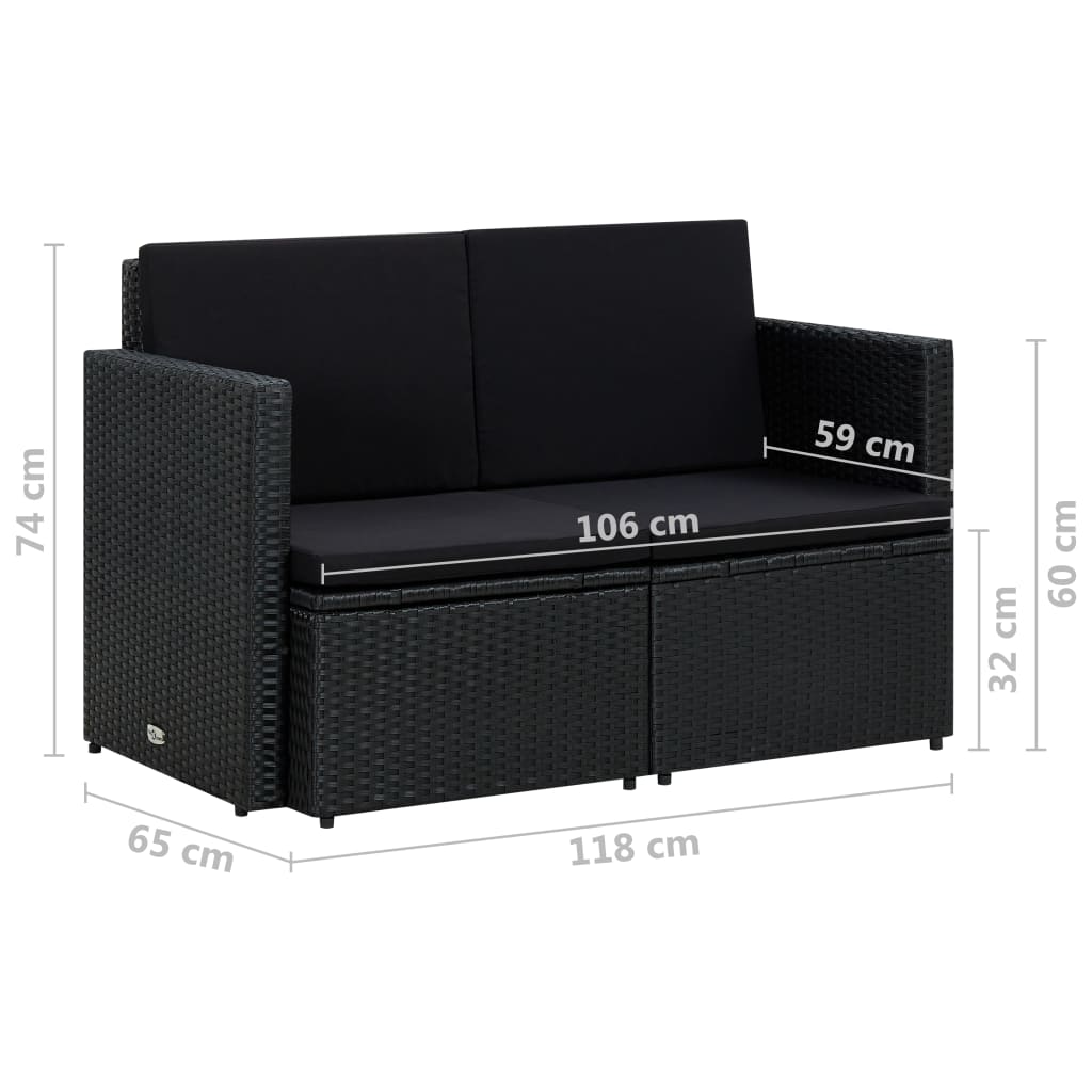 vidaXL Καναπές Κήπου Διθέσιος Μαύρος από Συνθετικό Ρατάν με Μαξιλάρια