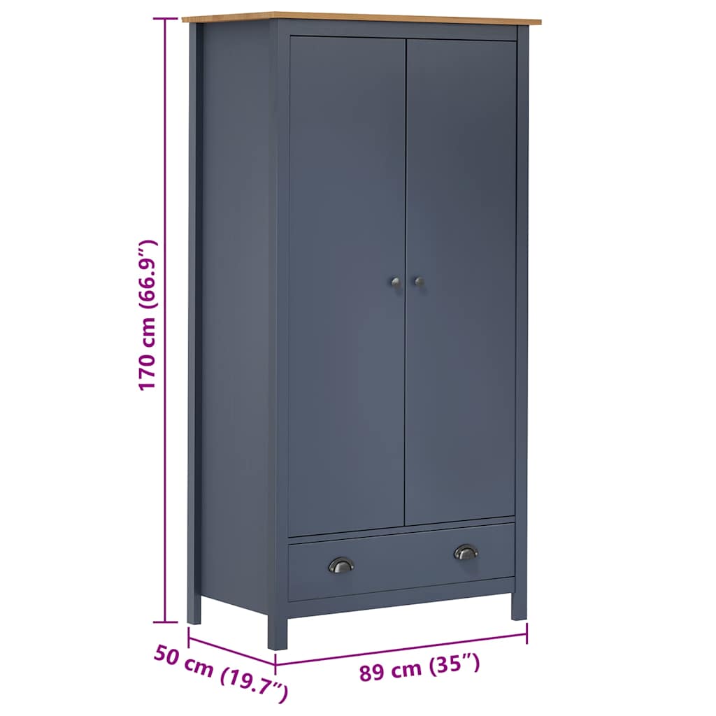 vidaXL Ντουλάπα Hill Δίφυλλη Γκρι 89x50x170 εκ. Μασίφ Ξύλο Πεύκου