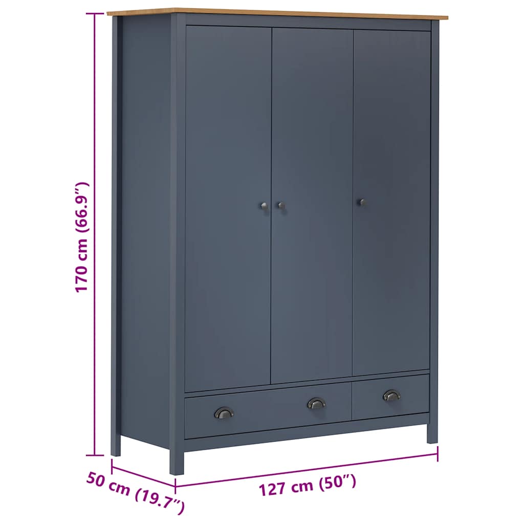 vidaXL Ντουλάπα Hill Τρίφυλλη Γκρι 127x50x170 εκ. Μασίφ Ξύλο Πεύκου