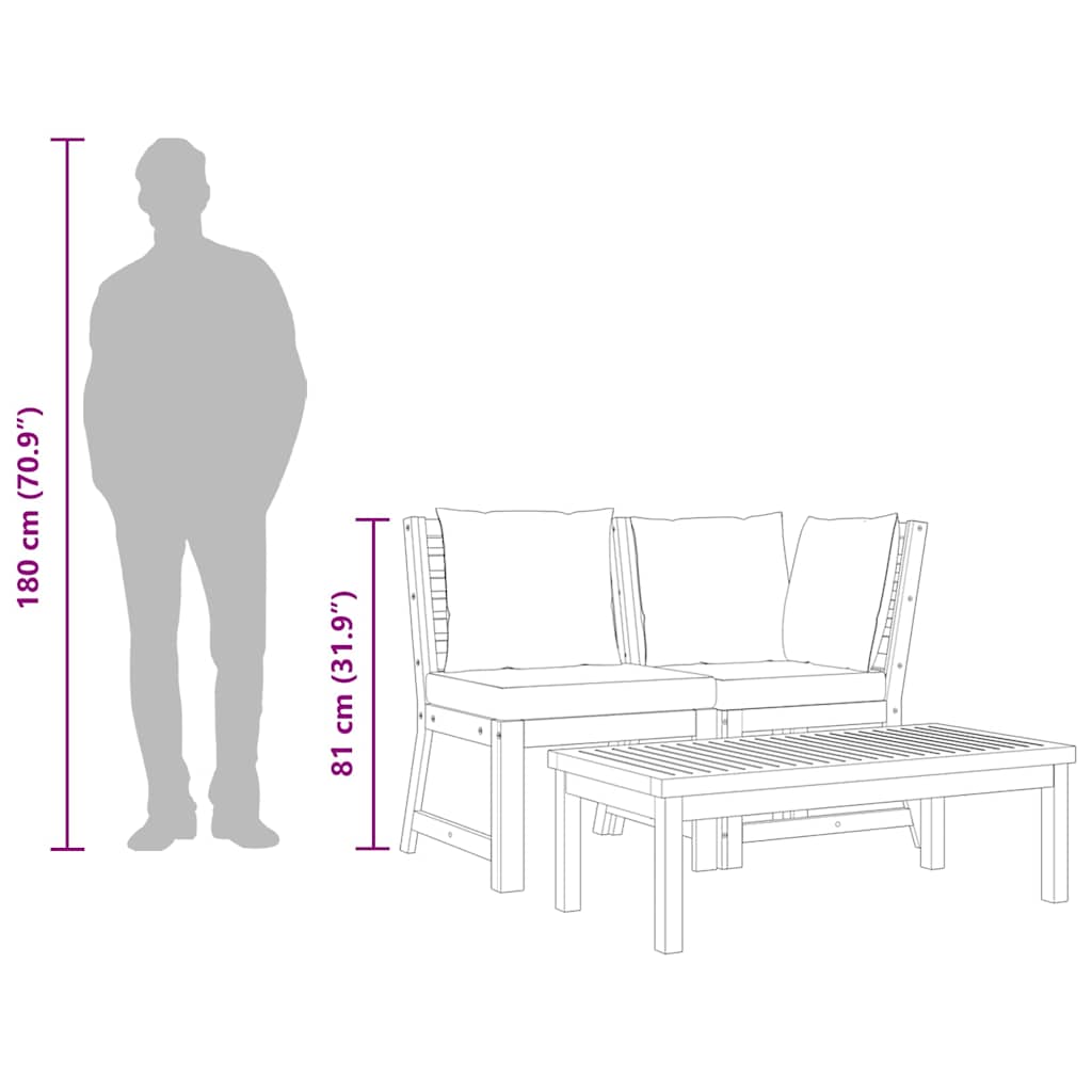 vidaXL Σαλόνι Κήπου 3 τεμ. από Μασίφ Ξύλο Ακακίας με Κρεμ Μαξιλάρια