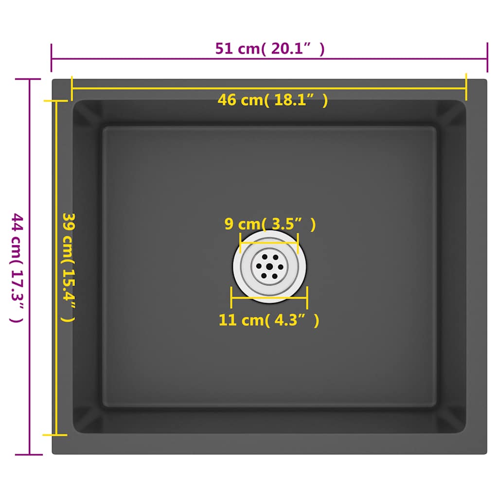 vidaXL Νεροχύτης Κουζίνας Χειροποίητος Μαύρος από Ανοξείδωτο Ατσάλι