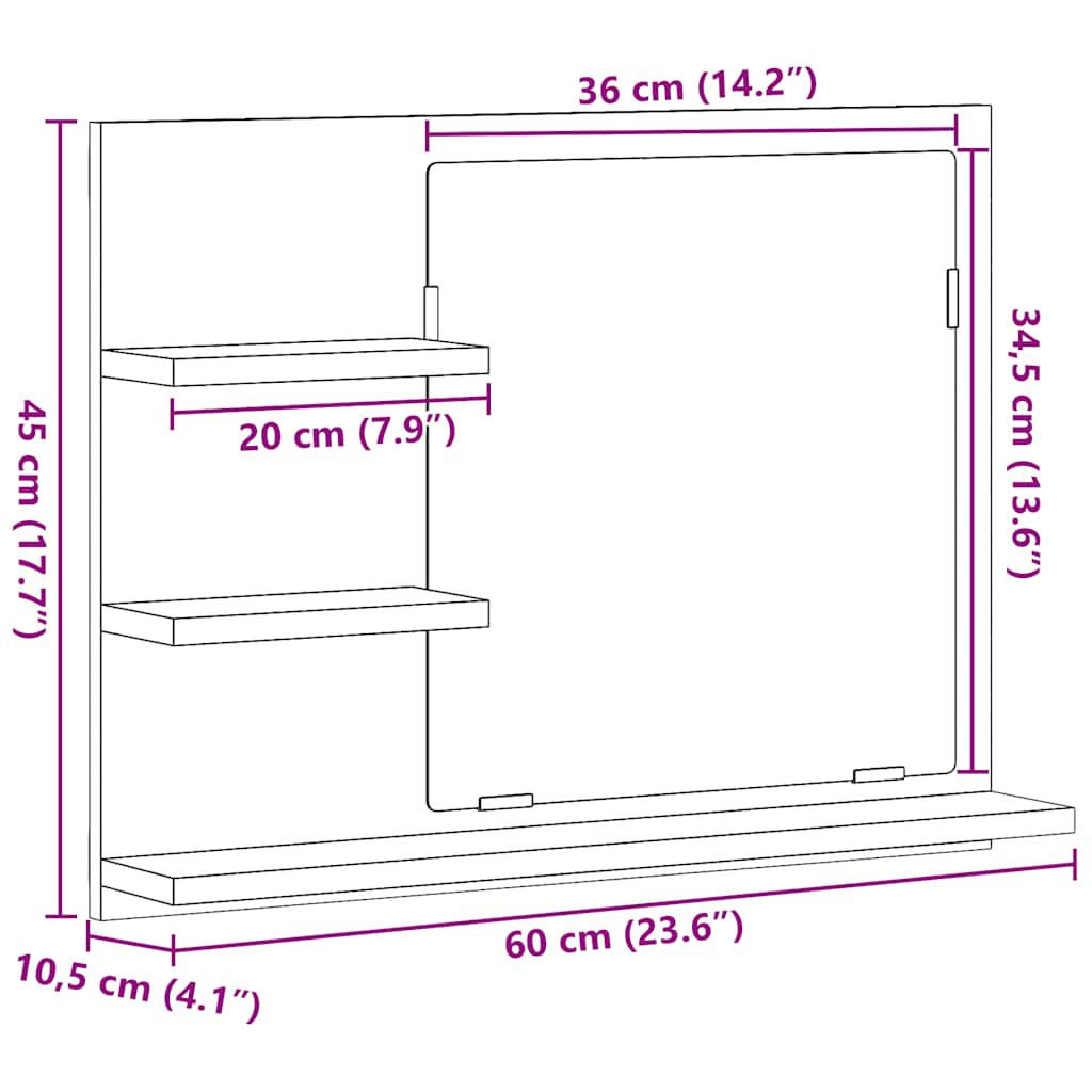 vidaXL Καθρέφτης Μπάνιου Sonoma Δρυς 60 x 10,5 x 45 εκ. Επεξ. Ξύλο