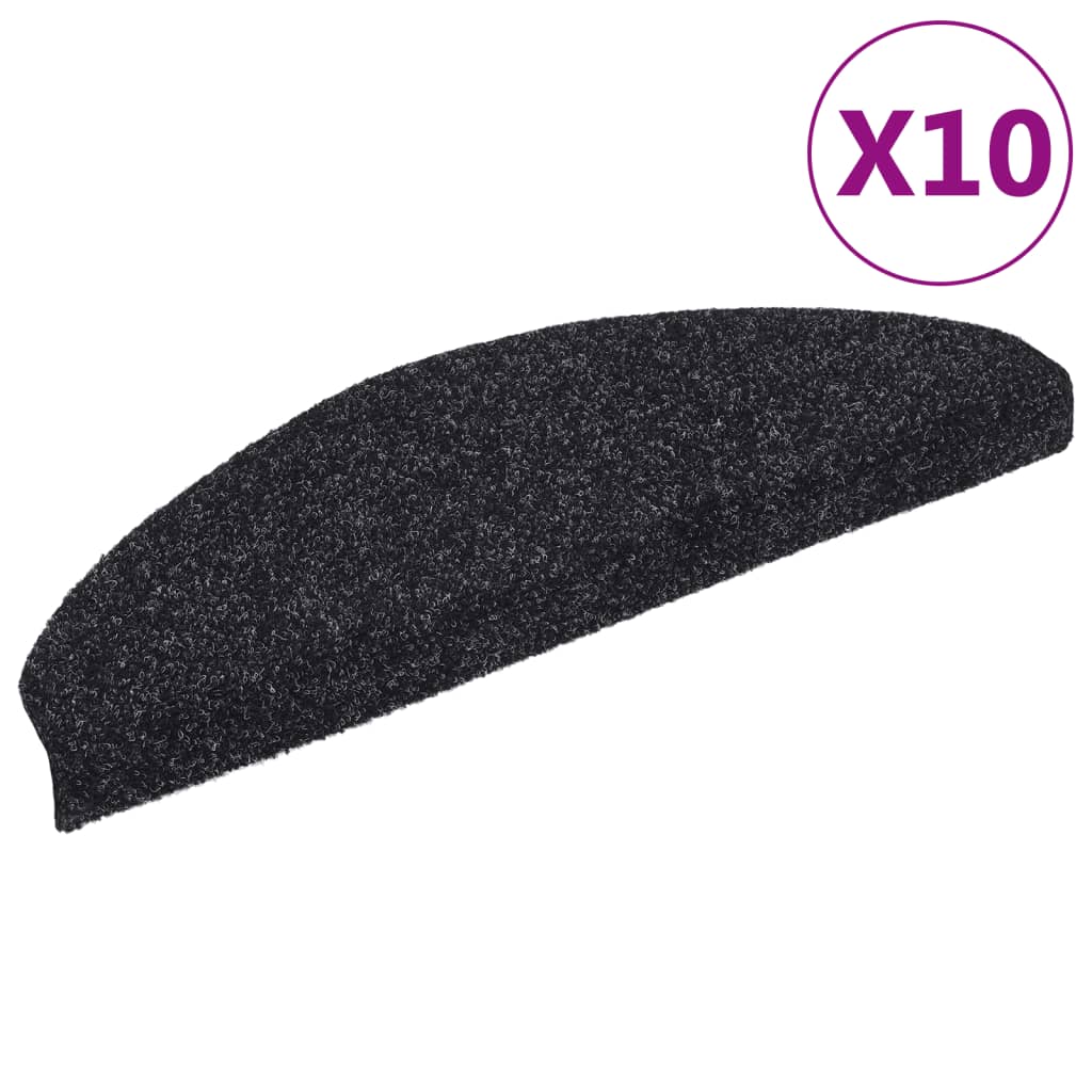 vidaXL Πατάκια Σκάλας Αυτοκόλ. 10 τεμ. Μαύρα 65x21x4 εκ. Βελονιασμένα