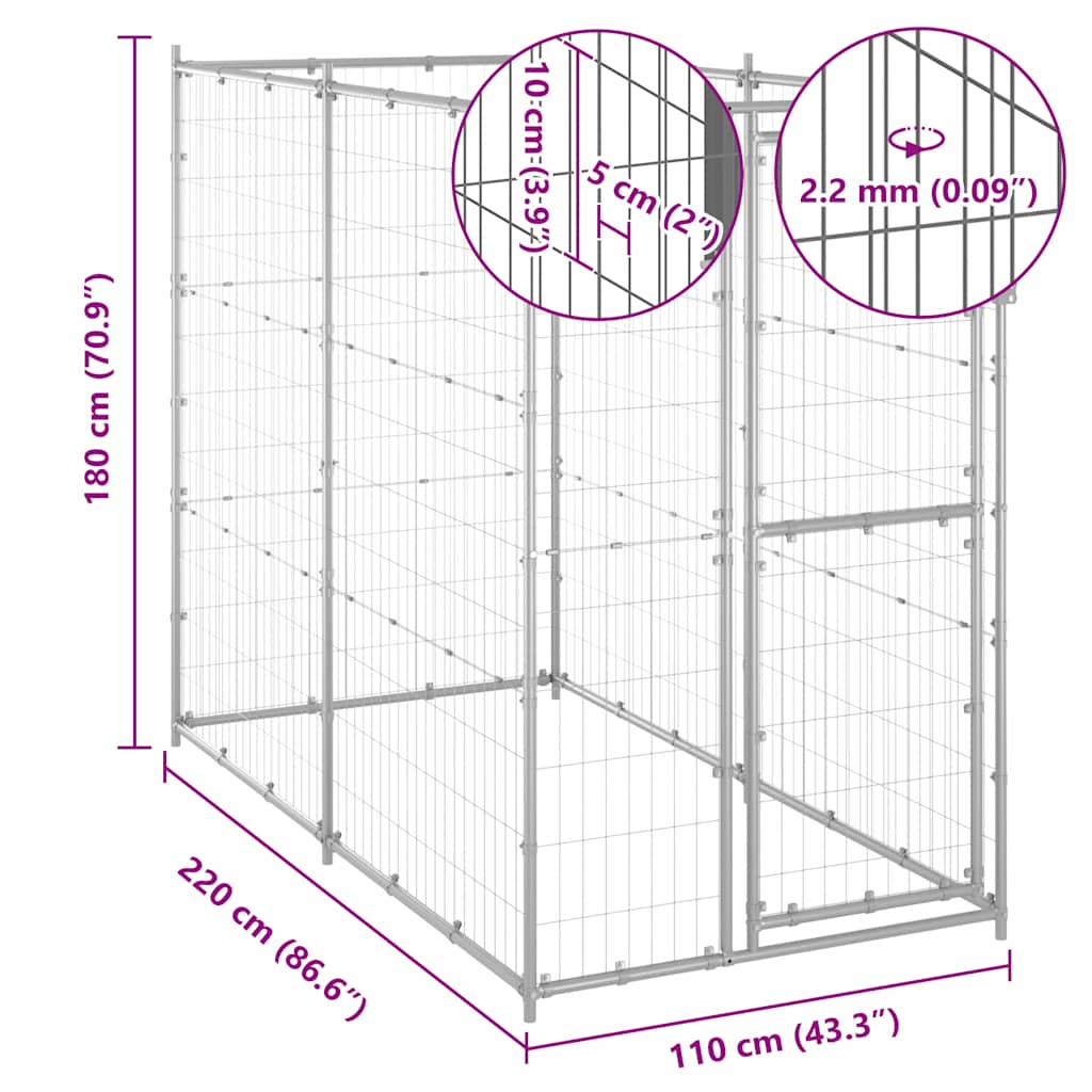 vidaXL Κλουβί Σκύλου Εξ. Χώρου Γαλβαν. Χάλυβας 110 x 220 x 180 εκ.