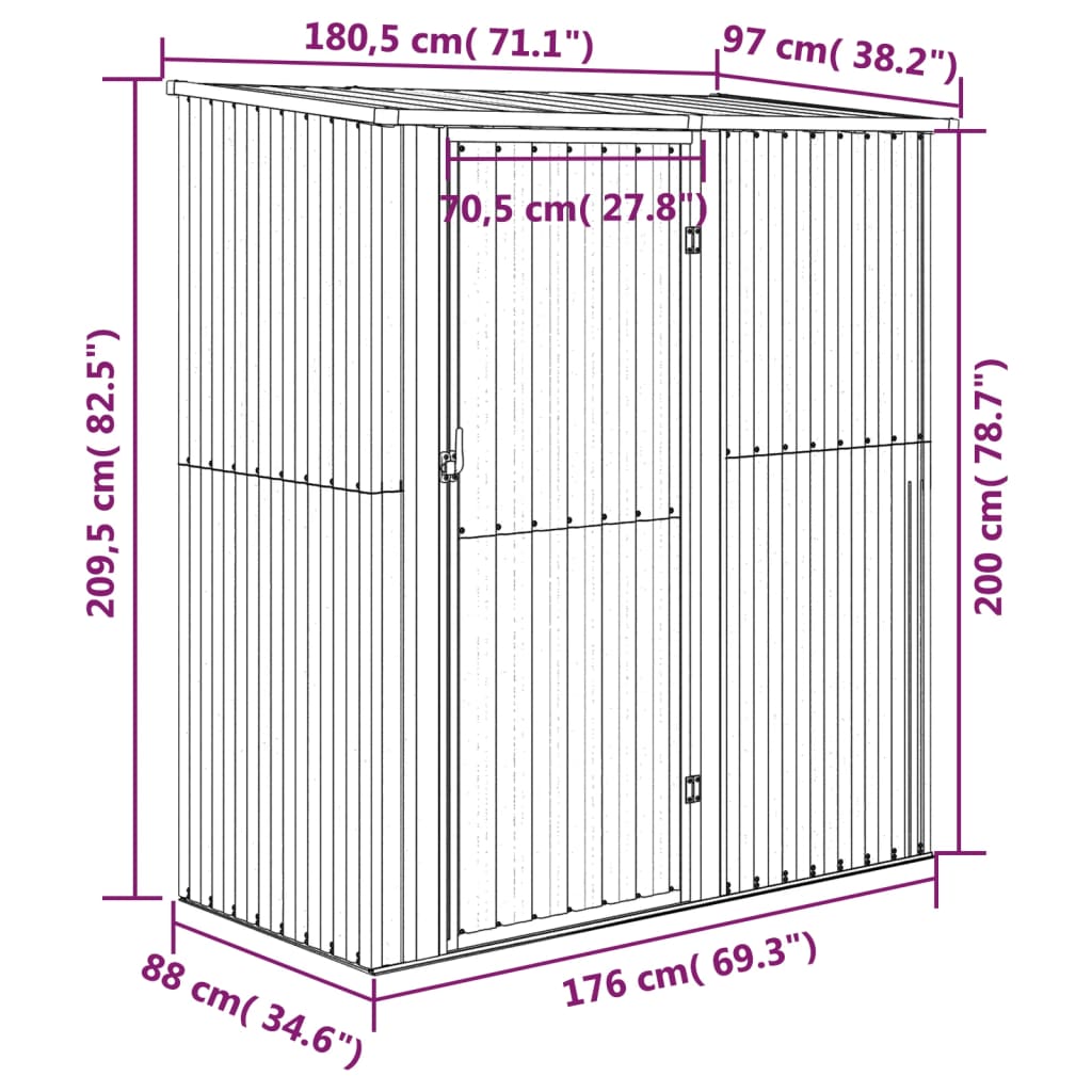 vidaXL Αποθήκη Κήπου Γκρι 180,5 x 97 x 209,5 εκ. από Γαλβαν. Ατσάλι
