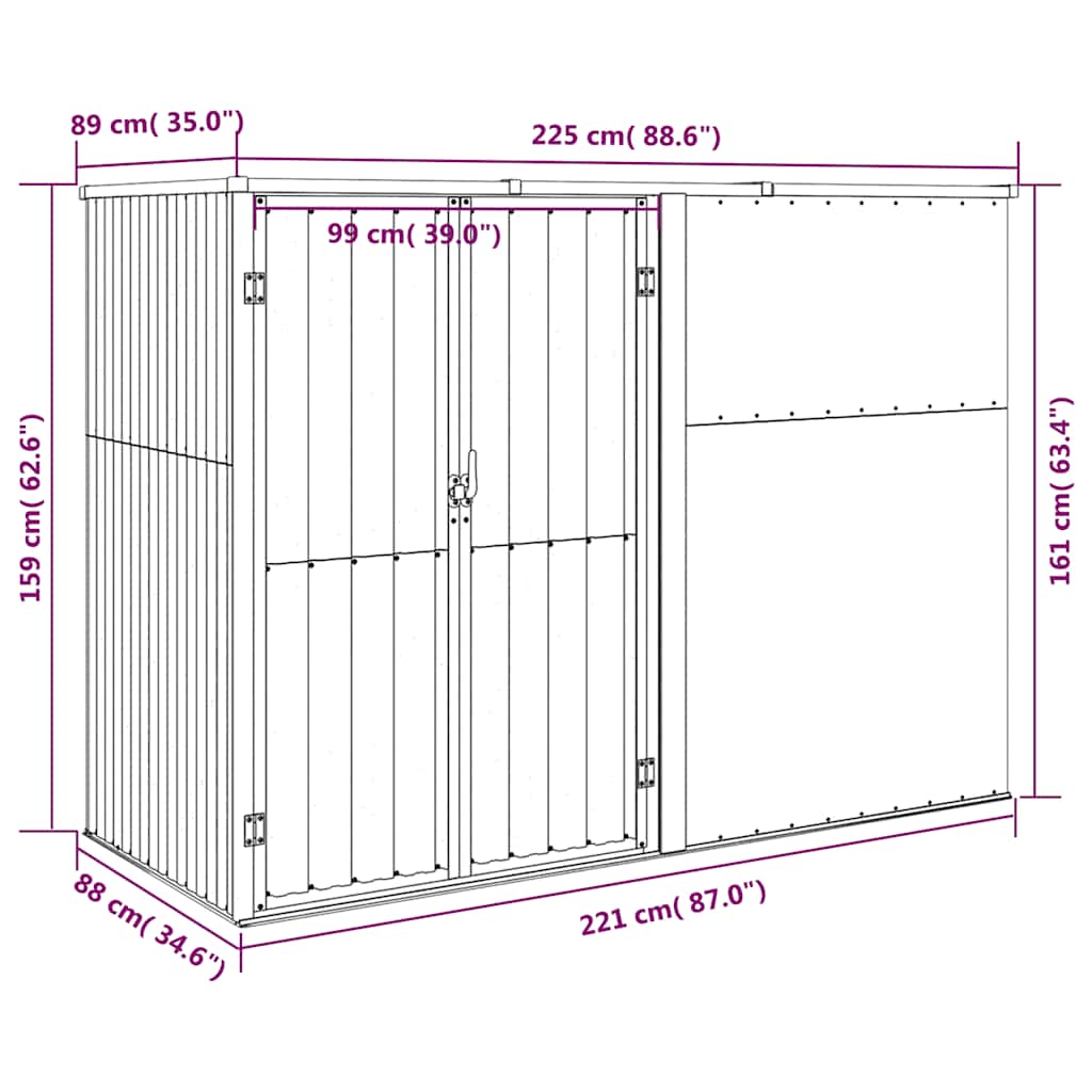 vidaXL Αποθήκη Εργαλείων Κήπου Γκρι 225 x 89 x 161 εκ. Γαλβαν. Ατσάλι