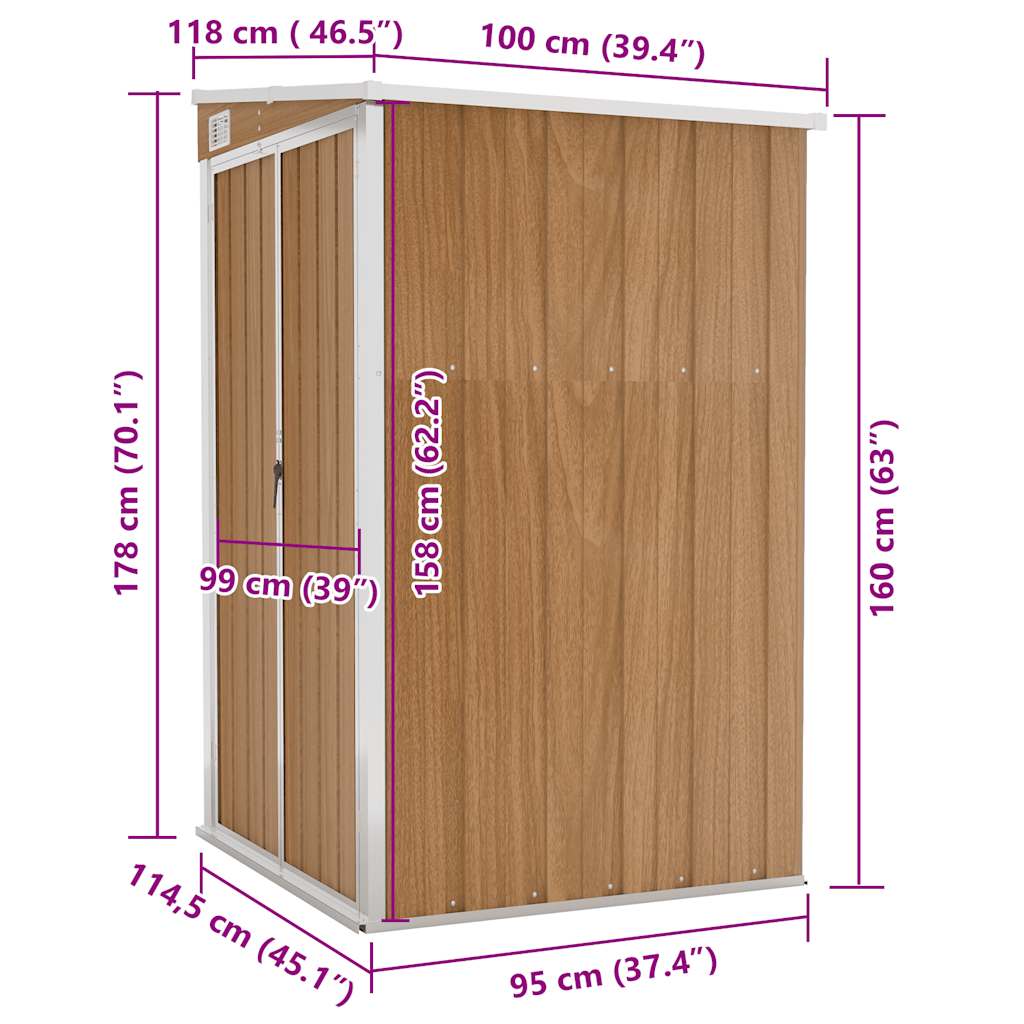 vidaXL Αποθήκη Κήπου Επιτοίχια Καφέ 118x100x178 εκ. από Γαλβ. Ατσάλι