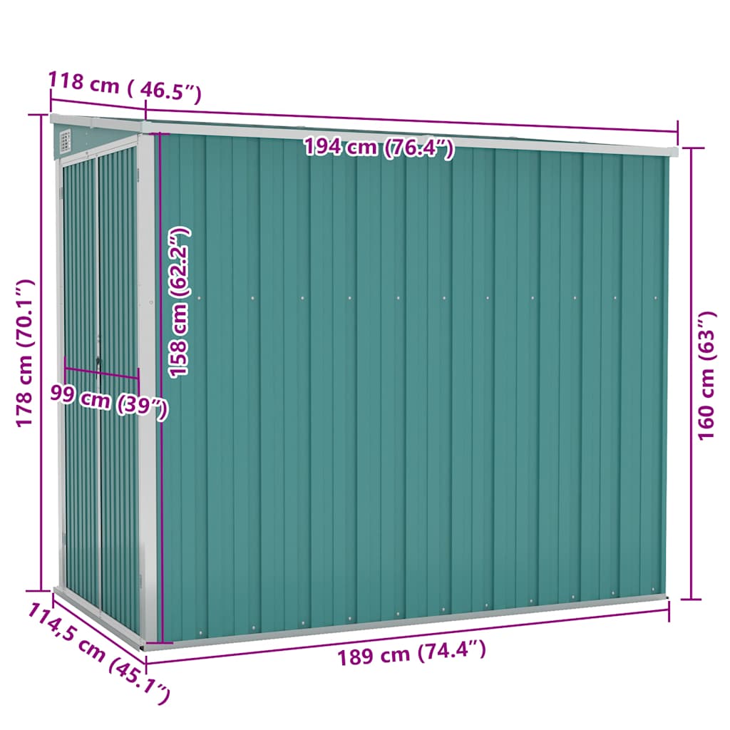 vidaXL Αποθήκη Κήπου Επιτοίχια Πράσινη 118x194x178 εκ από Γαλβ. Ατσάλι