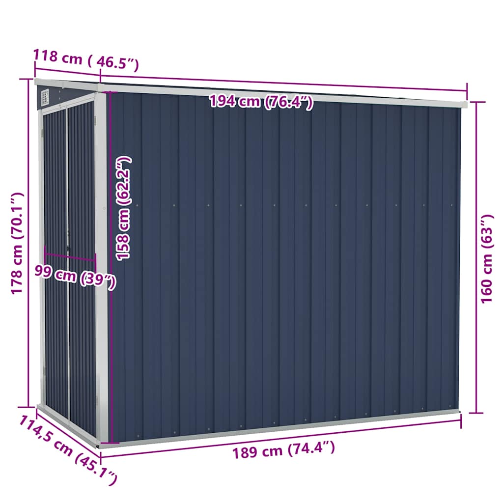 vidaXL Αποθήκη Κήπου Επιτοίχια Ανθρακί 118 x 194 x 178 εκ από Ατσάλι