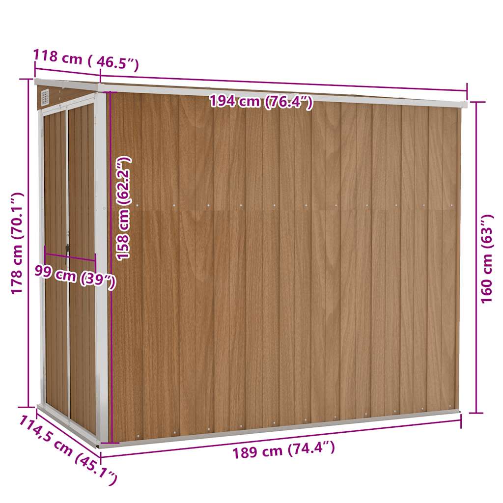vidaXL Αποθήκη Κήπου Επιτοίχια Καφέ 118x194x178 εκ. από Γαλβ. Ατσάλι