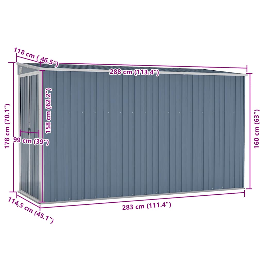vidaXL Αποθήκη Κήπου Επιτοίχια Γκρι 118x288x178 εκ από Γαλβ. Ατσάλι
