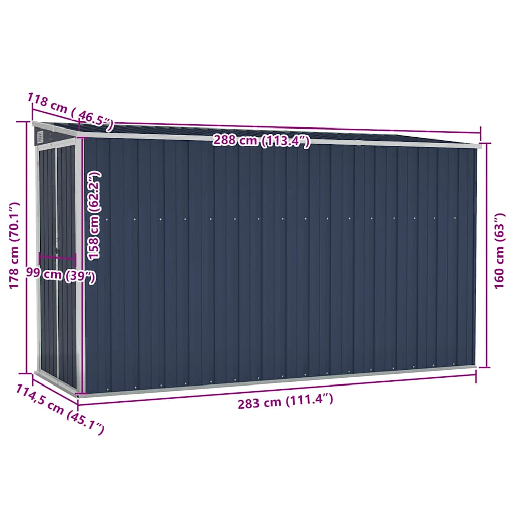 vidaXL Αποθήκη Κήπου Επιτοίχια Ανθρακί 118 x 288 x 178 εκ από Ατσάλι