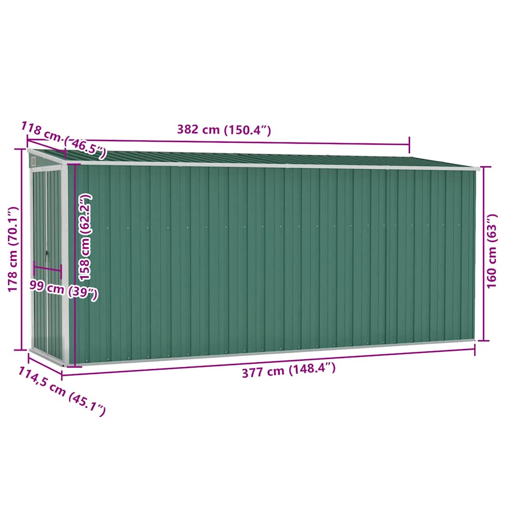 vidaXL Αποθήκη Κήπου Επιτοίχια Πράσινη 118x382x178 εκ από Γαλβ. Ατσάλι