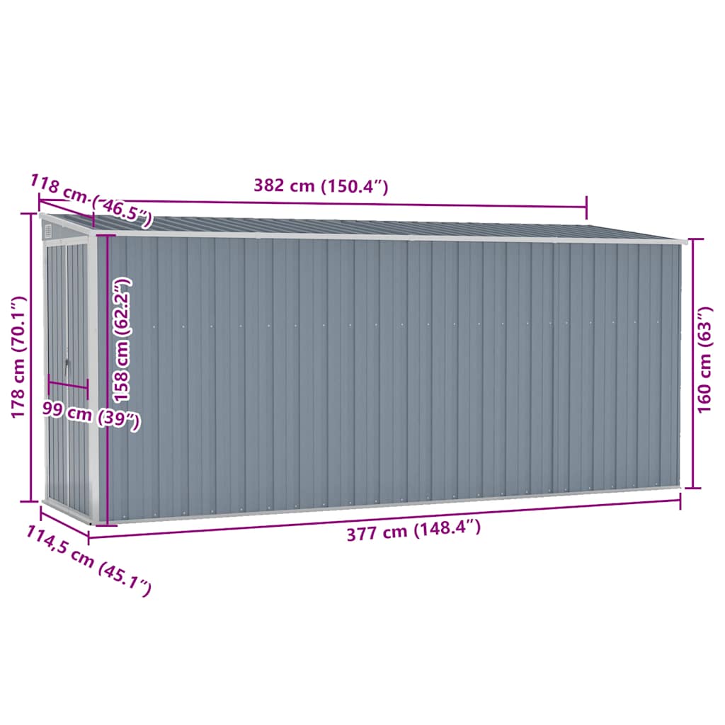 vidaXL Αποθήκη Κήπου Επιτοίχια Γκρι 118x382x178 εκ από Γαλβ. Ατσάλι