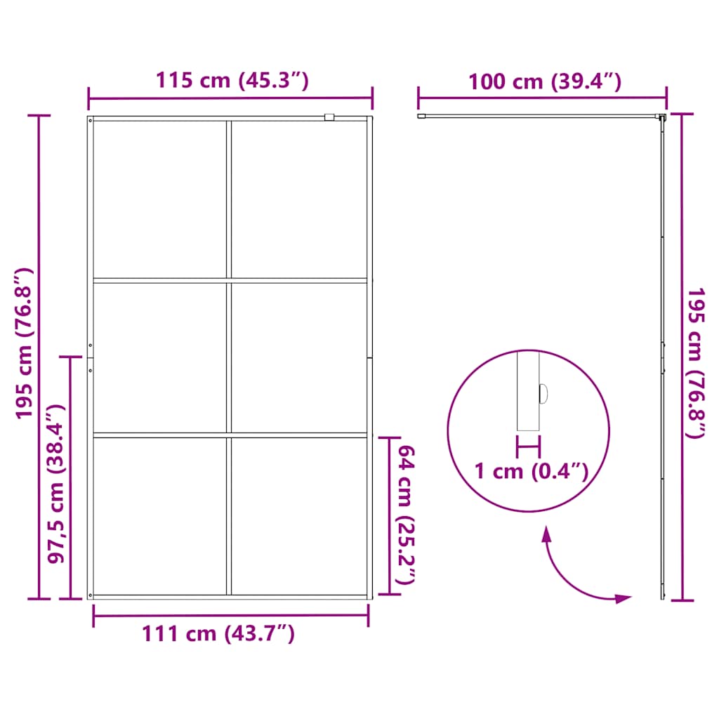 vidaXL Διαχωριστικό Ντουζιέρας Μαύρο 115 x 195 εκ. Διαφανές Γυαλί ESG