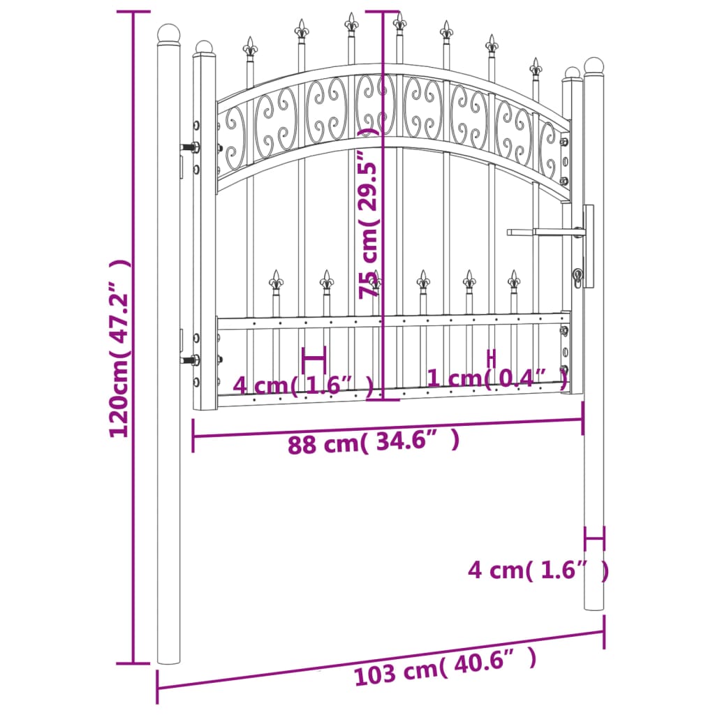 vidaXL Πόρτα Περίφραξης KAMPEN με Κορυφή Δόρυ Μαύρη 103x75 εκ. Ατσάλινη