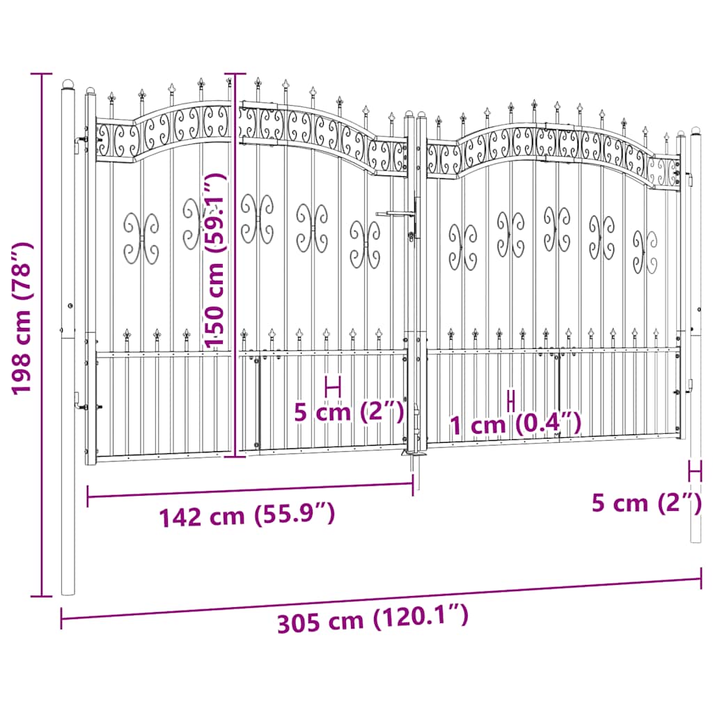 vidaXL Πόρτα Περίφραξης με Κορυφή Δόρυ Μαύρη 305x150 εκ. από Ατσάλι με Ηλεκτροστατική Βαφή