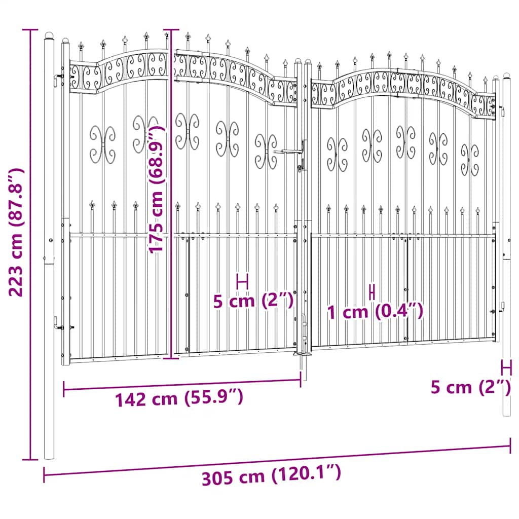 vidaXL Πόρτα Περίφραξης με Κορυφή Δόρυ Μαύρη 305x175 εκ. από Ατσάλι με Ηλεκτροστατική Βαφή