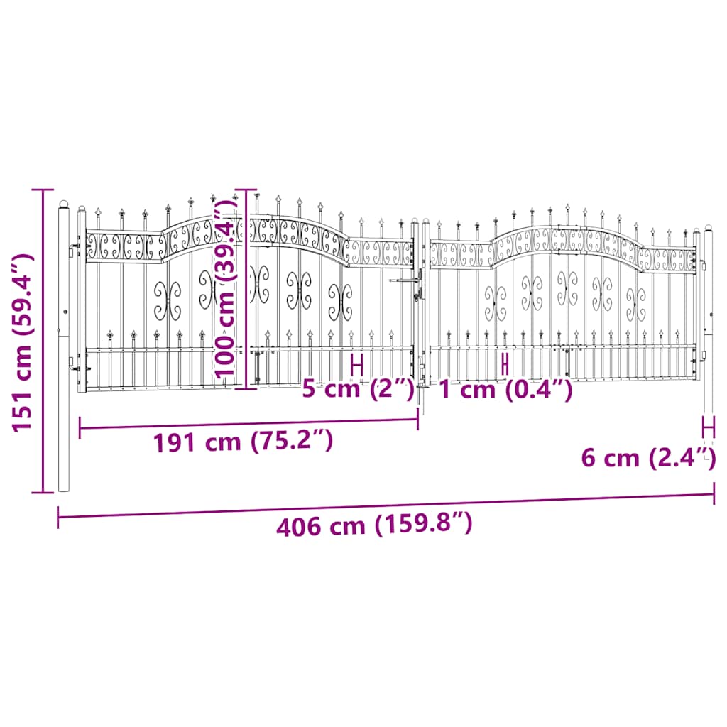 vidaXL Πόρτα Περίφραξης με Κορυφή Δόρυ Μαύρη 406x100 εκ. από Ατσάλι με Ηλεκτροστατική Βαφή