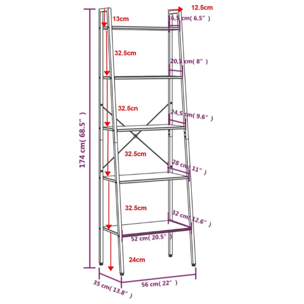 vidaXL Ραφιέρα 5 Επιπέδων Σκούρο Καφέ & Μαύρο 56 x 35 x 174 εκ.