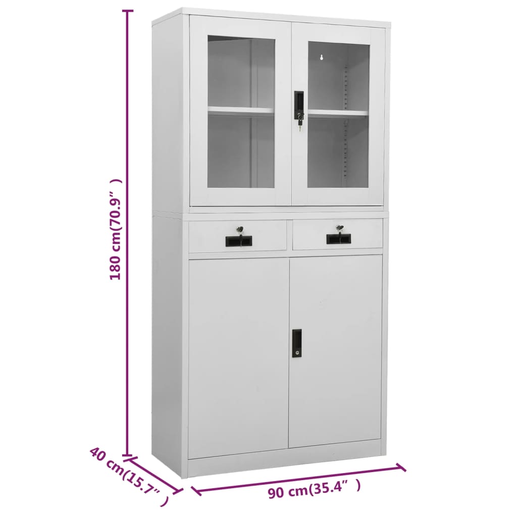 vidaXL Ντουλάπα Γραφείου Ανοιχτό Γκρι 90x40x180 εκ Ατσάλι/Ψημένο Γυαλί