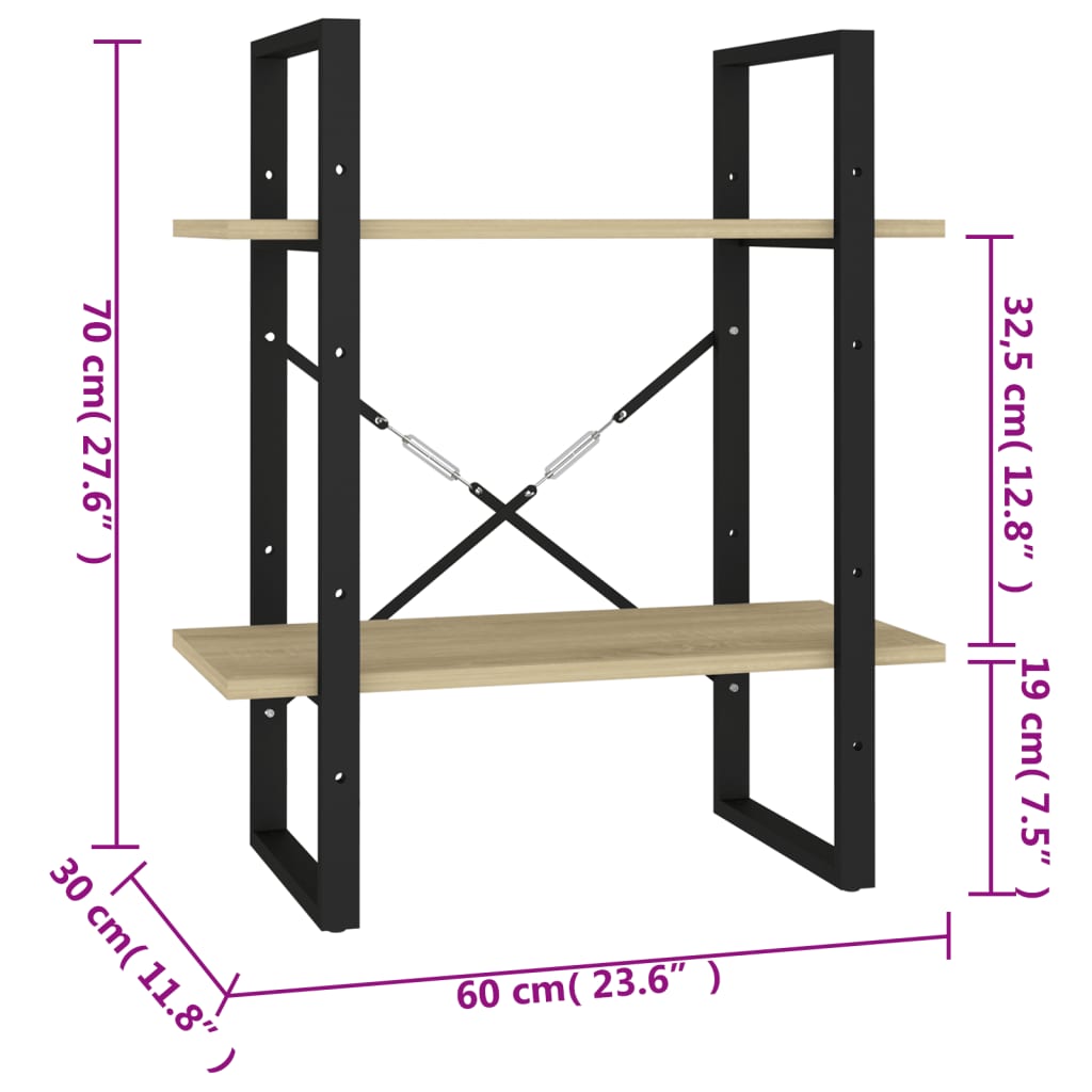 vidaXL Βιβλιοθήκη με 2 Ράφια Sonoma Δρυς 60 x 30 x 70 εκ. Επεξ. Ξύλο
