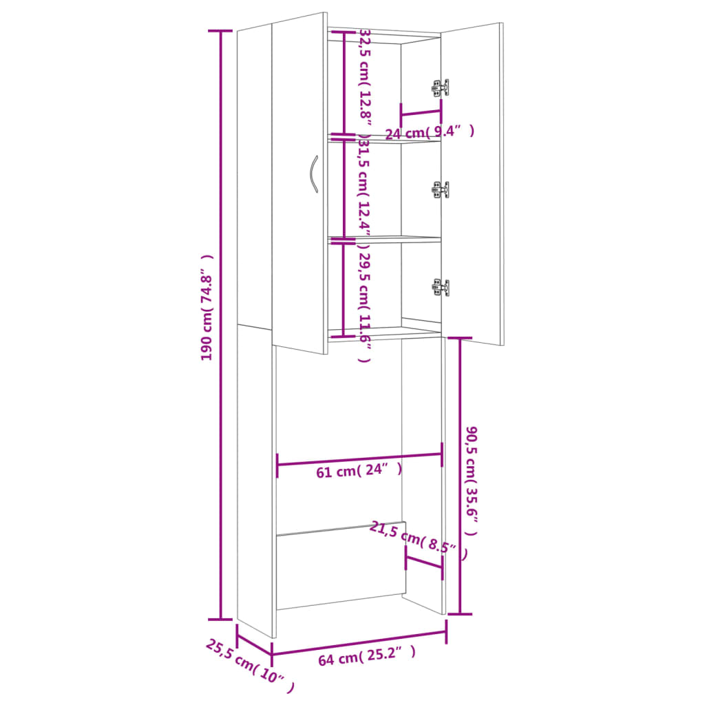 vidaXL Ντουλάπι Πλυντηρίου Λευκό 64 x 25,5 x 190 εκ.