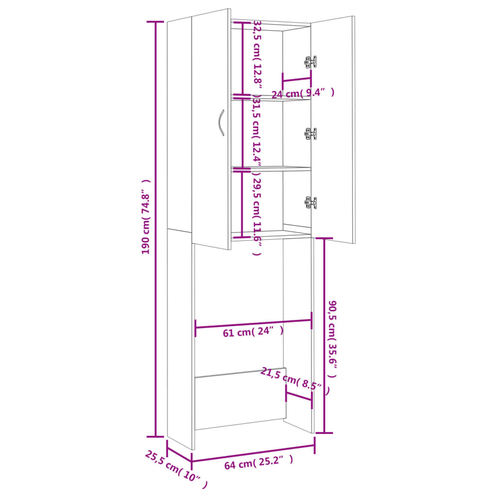 vidaXL Ντουλάπι Πλυντηρίου Sonoma Δρυς 64 x 25,5 x 190 εκ.